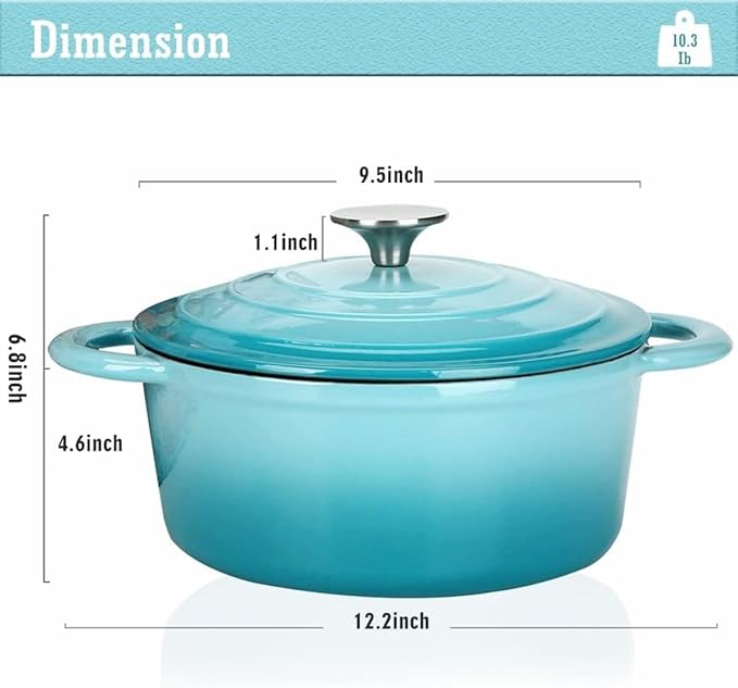 Cast Iron Dutch Oven 4.5 Quart Enameled Cast Iron Dutch Oven Pot with lid Heavy Duty Dutch Oven Dual Handles Porcelain Enameled Cast Iron Pot for Baking Braiser Cooking Family or Friends Gifts,Aqua