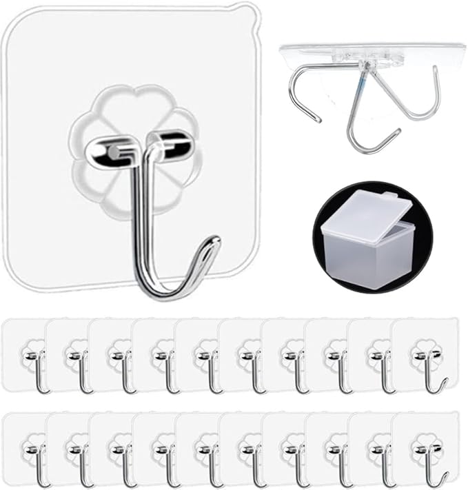 Adhesive Hooks, 20 Packs, 33lbs/15kg Premium Heavy Duty Wall Ceiling Hooks for Hanging, Damage Free, Clear Sticky Hanger for Kitchen, Bathroom Shower Outdoor Use.