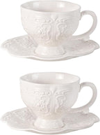 KAMMAK Tea Cups and Saucers Set of 2, Porcelain Coffee Cups, 7.8-Ounce Stackable Espresso Mugs, Ceramic Demitasse for Coffee, Latte, Americano, Tea, Britney