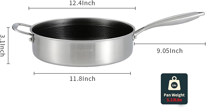 DELARLO Tri-Ply Stainless Steel 5.5QT Saute Pan With Lid, Nonstick 12.3 Inch Deep Frying Pan, Induction Large Skillet, Cooker Pan for Chefs, 12inch Chef's Pan Dishwasher & Oven Safe 650℉