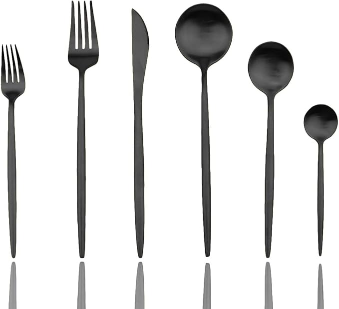 JASHII Luxury Black Flatware, Silverware Sets, 24-pieces Elegant Cute 18/10 Stainless Steel Silverware Set for Eating Home Kitchen Hotel Restaurant, Service Sets for 4 People, Dishwasher Safe