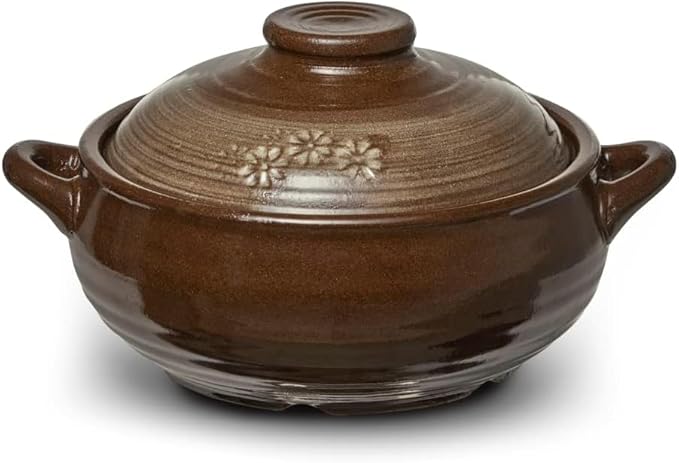 Korean Stone Bowl (34oz) Clay Pot for Cooking Korean Dishes - Brown, Large, Rustic Style - Dolsot, Ttukbaegi, Onggi, Kimchi Stone Donabe - With Lid