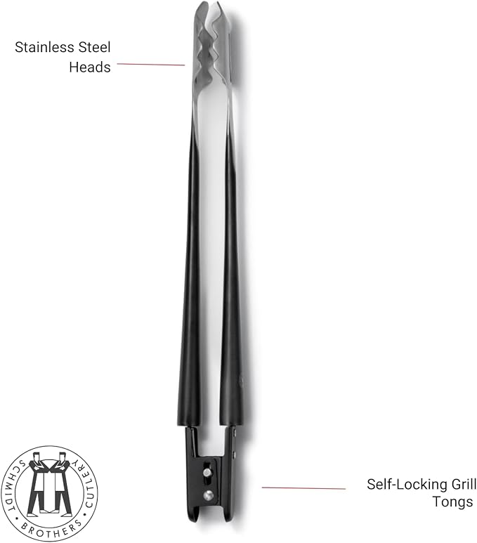 Schmidt Brothers - BBQ Carbon 6, 4-Piece Grilling Accessory Set, Full-Forged Stainless Steel Grilling Utensils Including Spatula, Fork, Basting Brush, and Tongs with All Wood Handles