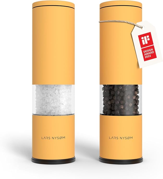 LARS NYSØM Salt and Pepper Grinder Set 2 pieces I Salt Pepper Mill with Adjustable Ceramic Grinder I Design Spice Grinder Set Manual (Mustard Yellow)