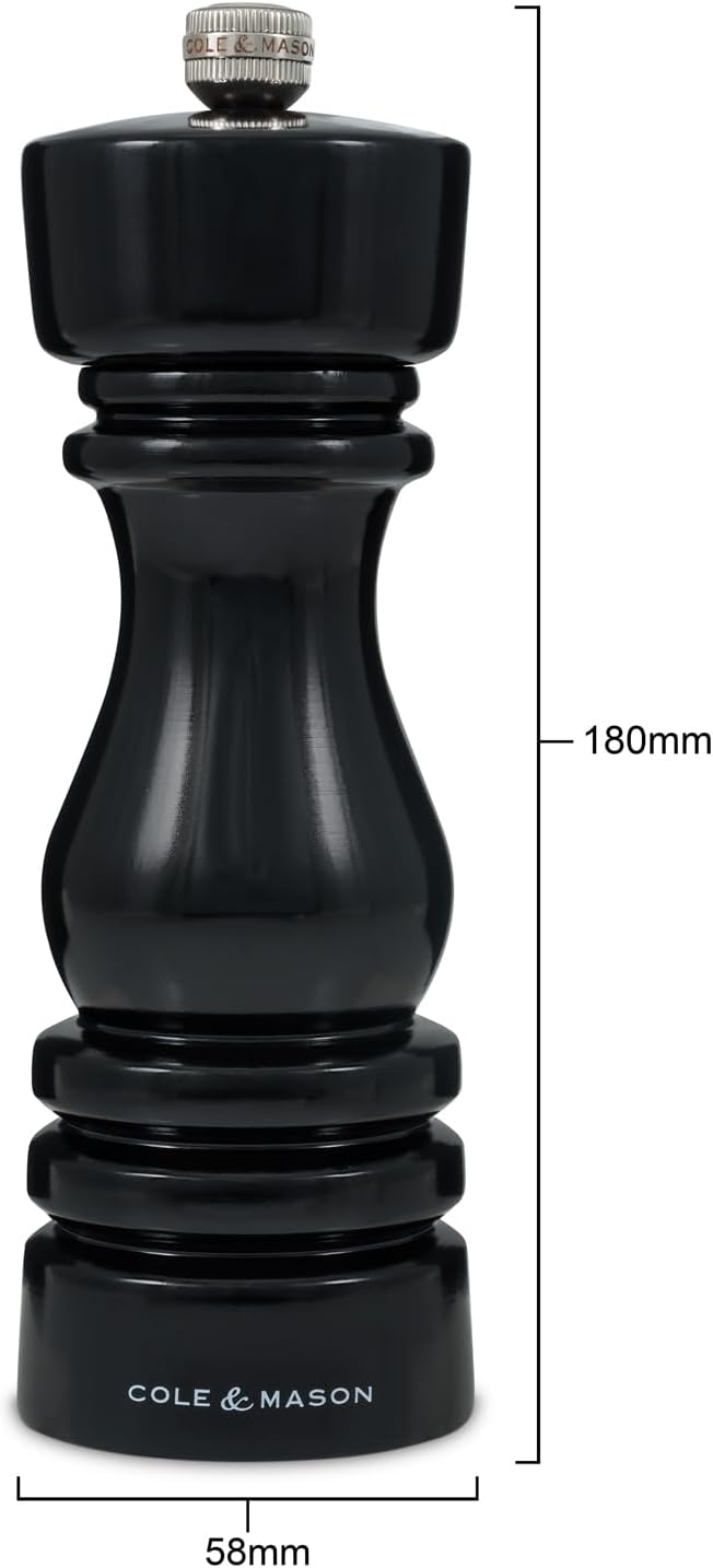 Cole & Mason London Refillable Spice Mill - Kitchen & Home Accessory - Table Black Pepper Grinder - Pepper Mill with Carbon Steel Mechanism - 7", Black Gloss