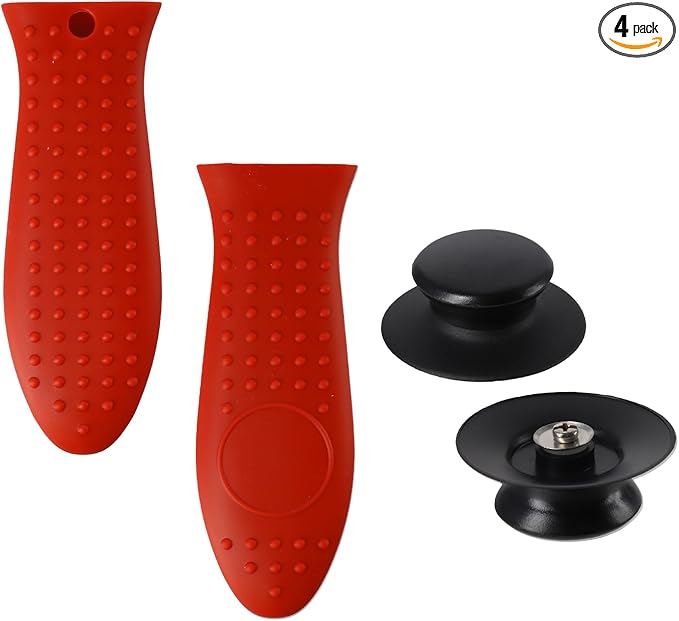 2pcs Pot Lid Handle Replacement, Universal Pot Lid Replacement Knobs, Durable, Bpa-Free, Suitable for Slow Cookers, Frying Pans, Skillets, Etc., with 2 Red Silicone Pot Handle Covers
