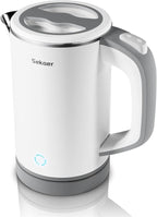 Sekaer Small Electric Tea Kettle Stainless Steel 0.8L Portable Travel Hot Water Boiler, Mini Electric Coffee Kettle with Auto Shut-Off & Boil Dry Protection, Cordless Base & White