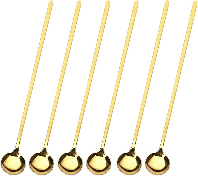 Sweejar 9.5-Inch Long Handle Ice Tea Spoons, Ice Cream Spoon, Coffee Spoon, 18/8 Stainless Steel Spoons for Cocktail Stirring, Mixing, Tea, Pack of 6 (Gold)