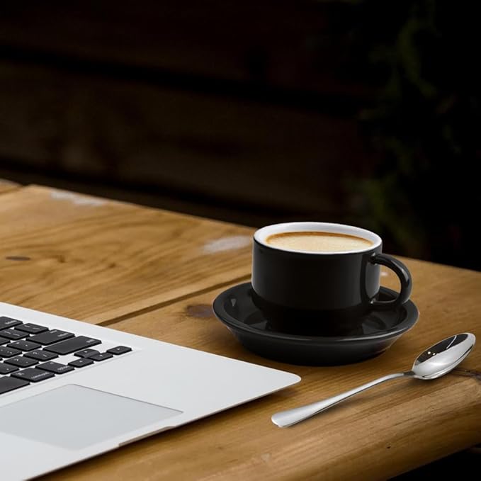 homEdge Premium Espresso Shot Cups and Saucers Set with Espresso Stainless Steel Spoons - 2.5 oz, Set of 4, Black