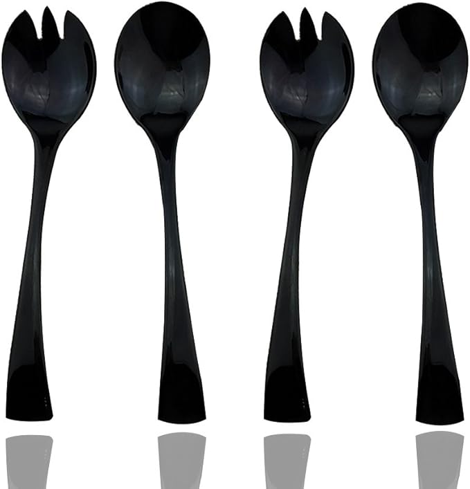 JASHII 18/10 Stainless Steel Mirror Polished Black 2 Pcs Salad Fork & 2 Pcs Salad Spoon Black Server Utensil Set