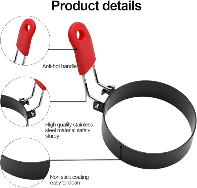 4 Pack Egg Rings,Stainless Steel Frying Ring Tool Non Stick Egg Frying Rings with Folding Handles and Oil Brush for Cooking Breakfast Sandwich Burger(COLOR:black)