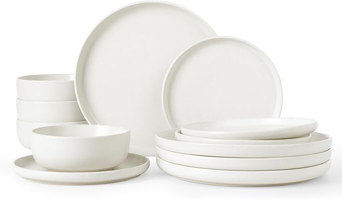 Famiware Milkyway Plates and Bowls Sets, 12 Pieces Dinnerware Sets, Reactive Glaze Dish Set, Stoneware Dishes Set for 4, Matte White