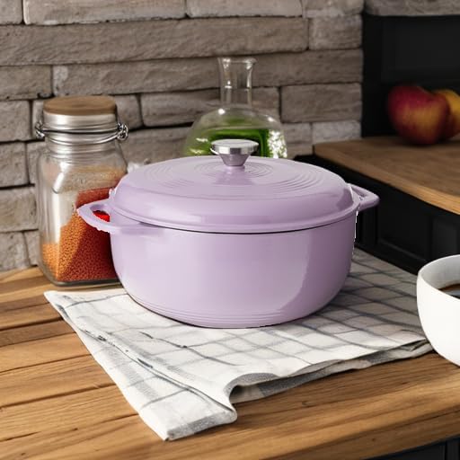 Lodge 6 Quart Enameled Cast Iron Dutch Oven with Lid – Dual Handles – Oven Safe up to 500° F or on Stovetop - Use to Marinate, Cook, Bake, Refrigerate and Serve – Lilac