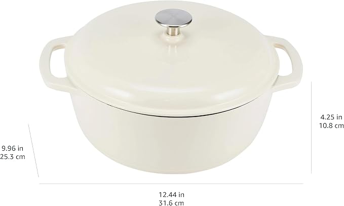 Amazon Basics Cast Iron Dutch Oven Pot with Lid, Enameled, Round, Dual Handles, Heavy-Duty, Small, 4.3-Quart, White