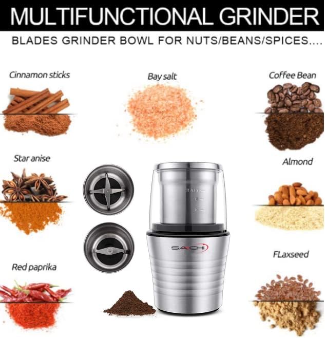 Saachi 2-in-1 Electric Coffee Grinder Plus Wet and Dry Spice Grinder with 2 Stainless Steel Blades Removable Bowls, SA-2915