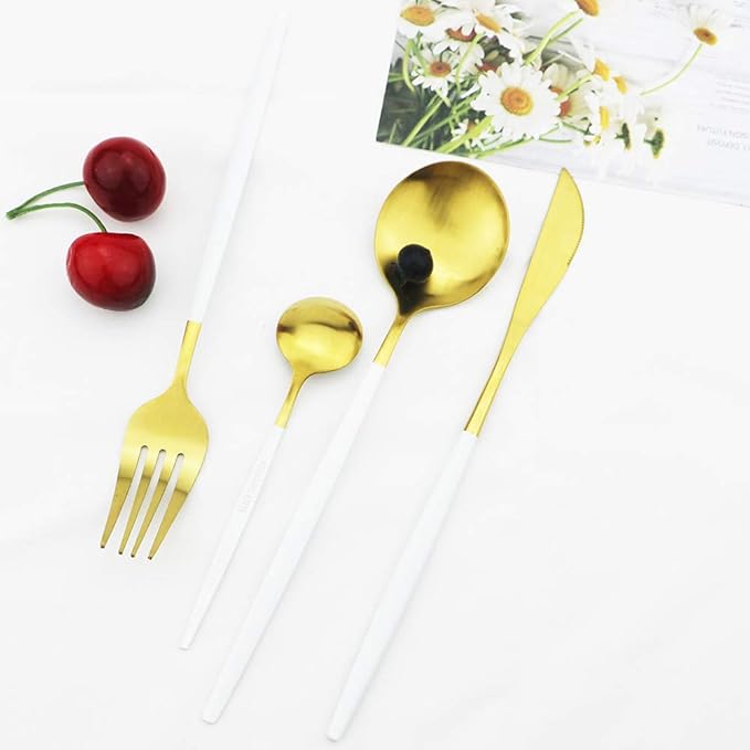 JASHII Silverware Set, 24-Piece Stainless Steel Flatware Set,Kitchen Utensil Set Service for 6,Tableware Cutlery Set for Home, Dishwasher Safe (Matte White handle gold)