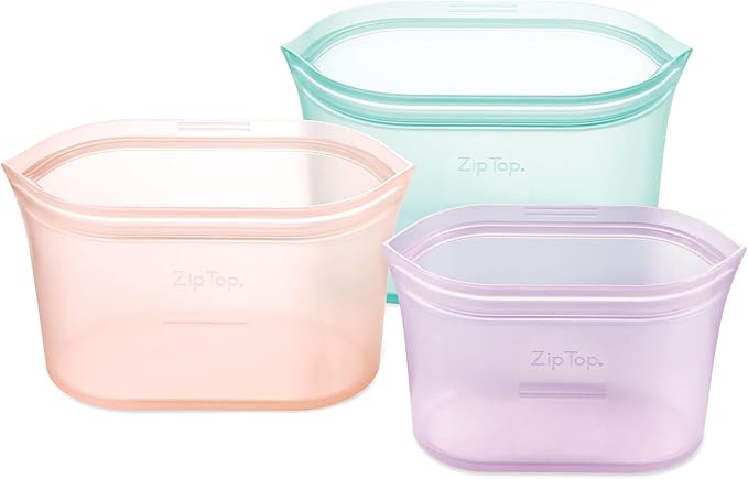 Zip Top Reusable Food Storage Bags | 3 Dish Set [Teal/Peach/Lavender] - Small, Medium, Large | Silicone Meal Prep Container | Microwave, Dishwasher and Freezer Safe | Made in the USA