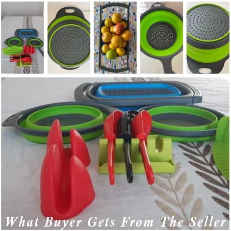 BaraBara Silicone 10 pcs Telescopic Collapsible Strainers with Handles, Foldable Bowl, Clip on Drainer. Red Spoon Rest, 3 ladle Masher Spoons. Silicone Gloves Heat Resistant Bundle Cooking Set.