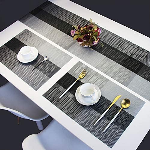 PIGCHCY Elegant Placemats with Matching Table Runner,Washable Durable Vinyl Woven Table Mats Sets(6pcs Placemats+1pcs Table Runner, Black)