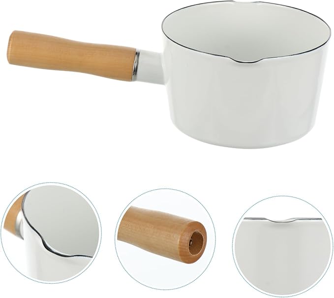 Cabilock Small Enamel Pot: 3 Inch Milk Warmer Pan with Dual Pour Spout, Butter Melting Pot Milk with Wooden Handle, Dishwasher Safe White Soup Saucepan Pan