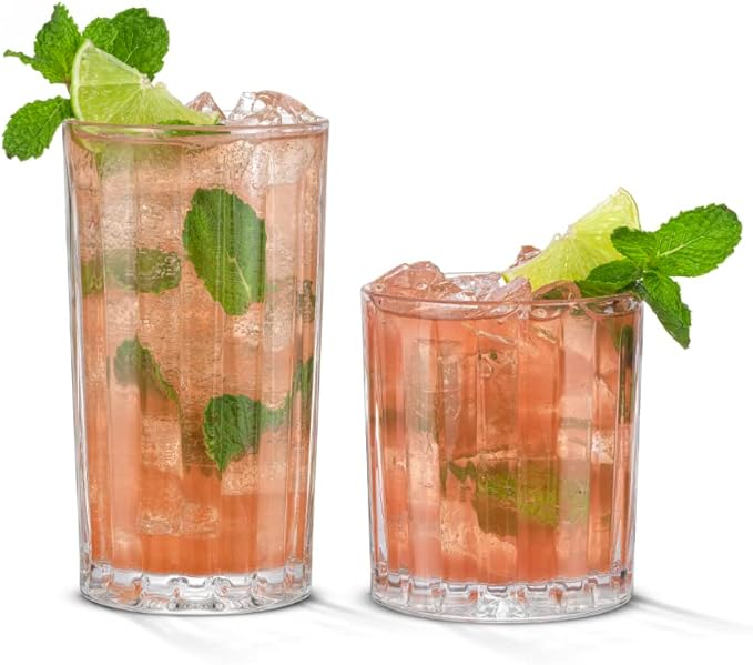 JoyJolt Drinking Glasses Set of 8, Alina Ribbed Glassware. 12oz Rocks Glass and 14oz Highball Glass set. Cocktail Glasses, Iced Coffee Cup or Water cups. Heavy Base Glassware Set