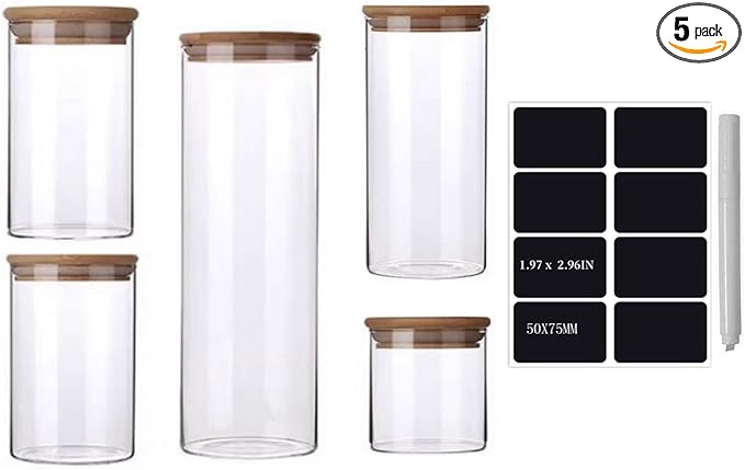 Round Glass Jars with Bamboo Lids [Multi-Size Set of 5], Glass Canisters with Airtight Lids, Glass Food Storage Containers for Pasta, Cereal, Flour, Sugar, Best for Kitchen & Pantry