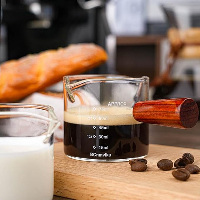 1 Pack Double Spouts Measuring Triple Pitcher Milk Cup with Wood Handle 75ML Espresso Shot Glasses Parts Clear Glass By BCnmviku