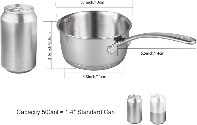 IMEEA Butter Melting Pot Butter Warmer 18/10 Tri-Ply Stainless Steel Saucepan with Dual Pour Spouts, 0.5-Quart, Silver