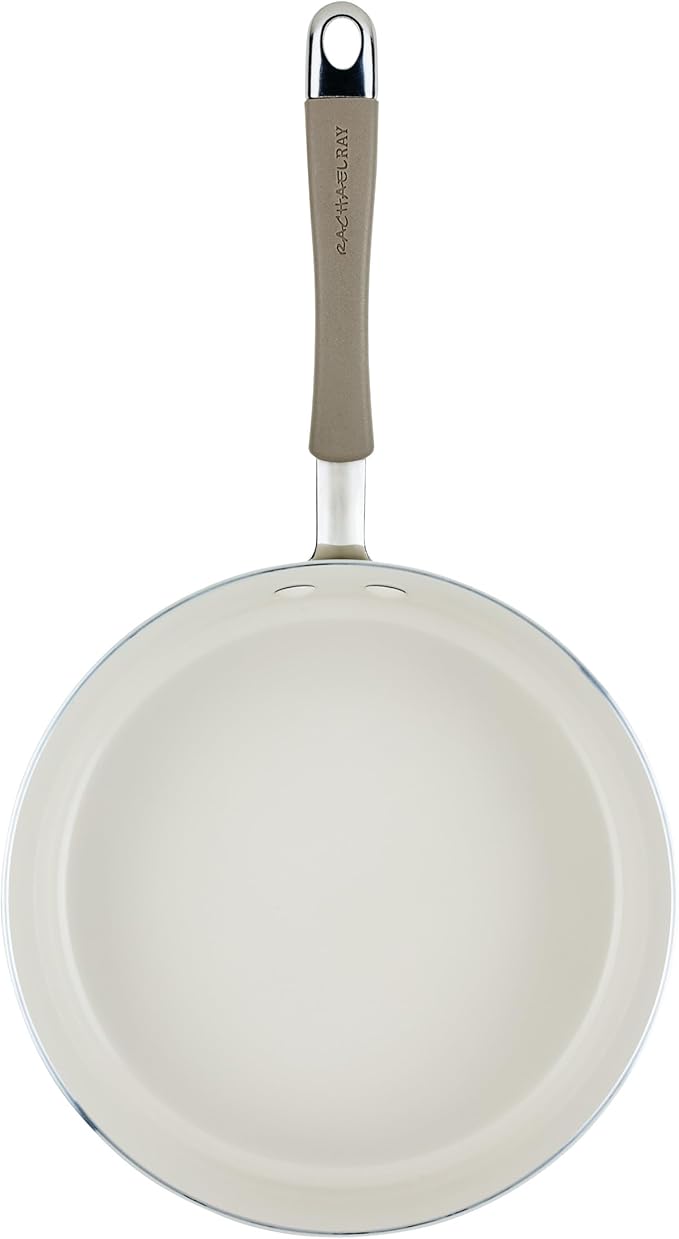 Rachael Ray Cucina Ceramic Nonstick Saute Pan with Lid, 3 Quart Non Stick Sauteuse Pan, Dishwasher Safe - Almond
