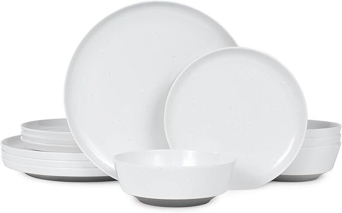 Webbylee 12-Pieces Melamine Dinnerware Set - Unbreakable Plates & Bowls Set for 4, Lightweight Kitchen Dishes Idear for Camping, Picnic, Party,White & Grey