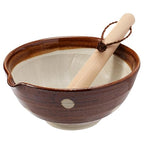 TIKUSAN Japanese Ceramic Ripple Ridge Mortar & Pestle Suribachi Bowl and Surikogi Set with Spout 7.1 inches Made in Japan (Brown)