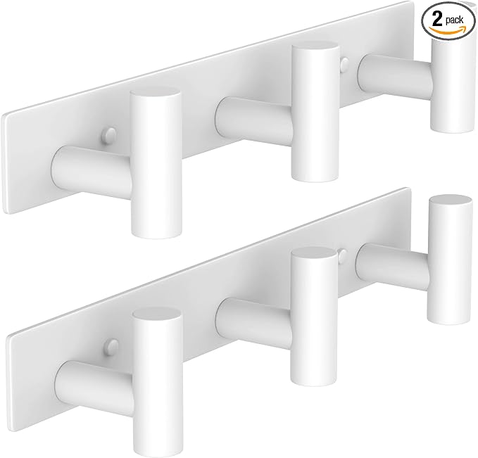 VAEHOLD Hat and Coat Wall Mount Rack - Hooks for Robes, Bags, Keys, and Towels - Bathroom Towel Hanger Organizer (White, “T“ Shape 3 Hooks 2 Pack)