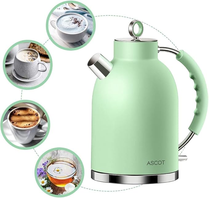 ASCOT Electric Kettle, Stainless Steel Tea Boiler 1.6L 1500W Retro Tea Heater & Boiling Kettle, Auto Shut-Off and Boil-Dry Protection(Matte Green)