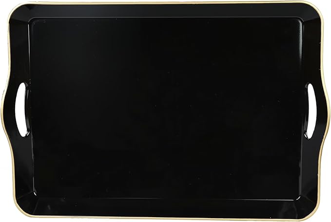 Spsyrine Large Black Serving Tray with Handles, Plastic Decorative Tray for Coffee Table, Ottoman, Bathroom, Home Decor 17.3"*11.8"*2"