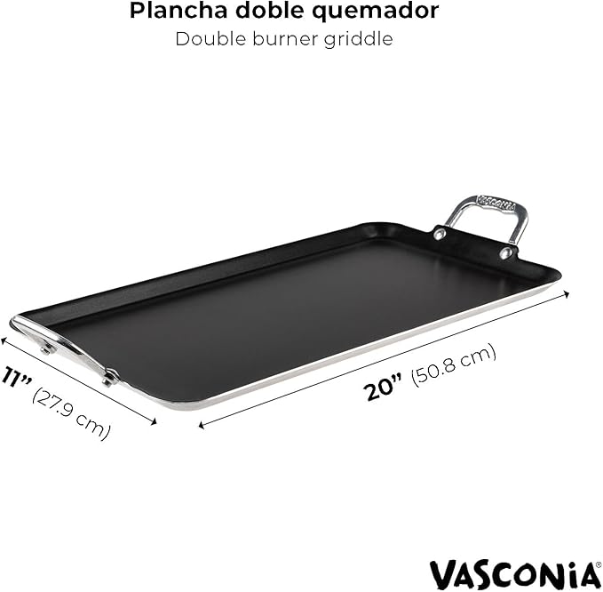 Vasconia Durable Double Burner Griddle (20″ x 11″) 100% Pure Aluminum with Nonstick - NSF Certified - for Frying, Searing, Grilling, Browning, Ideal for Home & Commercial Kitchen - Pack of 1