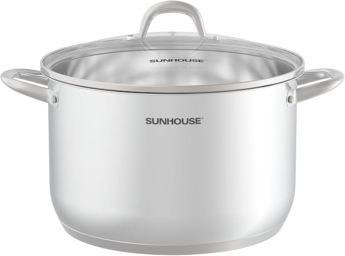 SUNHOUSE 13-Quart Stainless Steel Stockpot w/Tempered Glass Lid - Heavy-Duty, Food-Grade Cookware for Simmering, Boiling, and Induction Cooking - Exceptional Heat Distribution