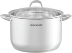 SUNHOUSE 13-Quart Stainless Steel Stockpot w/Tempered Glass Lid - Heavy-Duty, Food-Grade Cookware for Simmering, Boiling, and Induction Cooking - Exceptional Heat Distribution