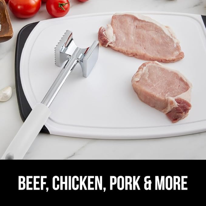GORILLA GRIP Patented Dual-Sided Meat Tenderizer, Heavy Duty Kitchen Mallet with Soft Handle, Spiked Side Tenderizes and Smooth Flattens, Maximize Food Flavor, Commercial Grade Chicken Pounder, White