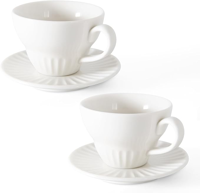 4 oz White Espresso Cups Set of 2, Ceramic Cappuccino Cups with Saucers, Durable Porcelain Tea Set & Modern Coffee Cup Collection, Coffee Lover Gifts