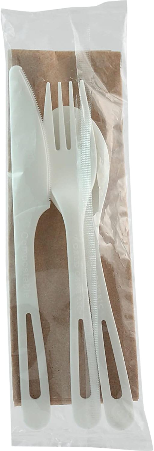 World Centric Compostable Cutlery with Napkin 6" - White TPLA, Assorted and Wrapped - 250 Pack