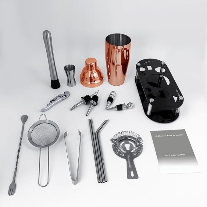 Cocktail Shaker Set Bartender Kit with Stand - 16 Piece Bar Tool Set Drink Mixer Set Includes : Shakers, Jigger, Strainer, Mixer Spoon, Muddler, Liquor Pourers, Straw (Rose Gold)