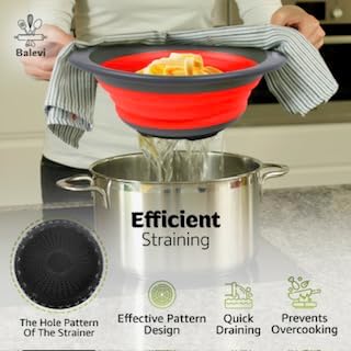 "Balevi Collapsible Strainers for Kitchen - Collapsible Colander Set of 2 Made of Silicone - Collapsible Strainer with Little Pegs to Keep Food Elevated - Red "
