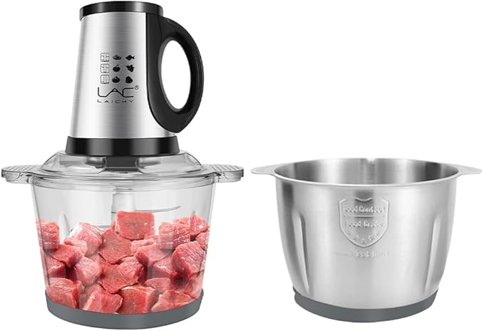 Large Food Processors,Meat Grinder Veggie Chopper with a Glass and a Stainless Steel Bowls,3 Speeds,2 pieces 6 Bi-Level Bladesand Spatula for Baby Food,Meat,Vegetables,Fruits(16+16 CUP)