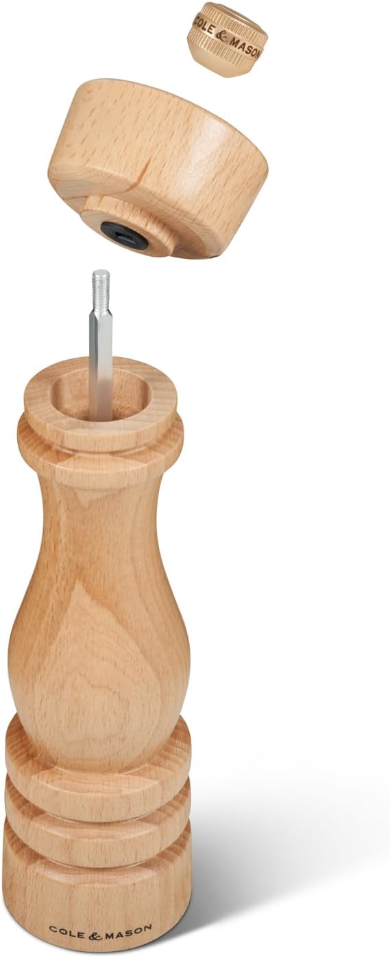 Cole & Mason London Refillable Spice Mill - Kitchen & Home Accessory - Table Black Pepper Grinder - Pepper Mill with Carbon Steel Mechanism - 8", Natural Beech