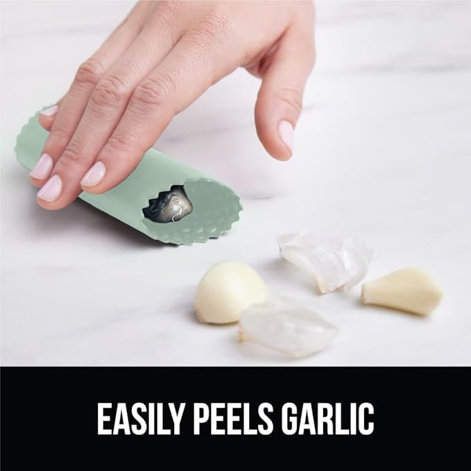 GORILLA GRIP Garlic Press and Peel Set, Heavy Duty Mincer Tool, Easily Mince and Crush Garlics, Ginger, Nuts, Seeds, Large Ergonomic Handle, Peeler Included, Peeling Cloves, Kitchen Gadgets, Mint
