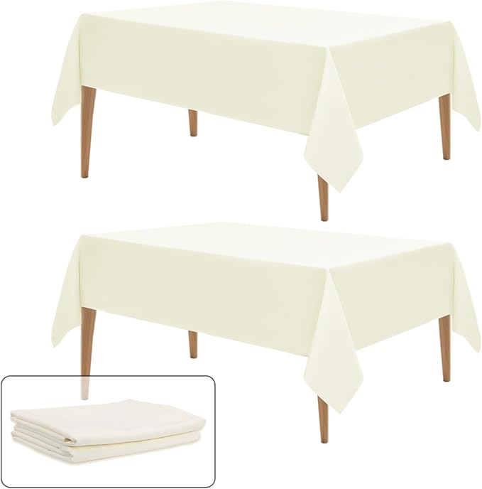 WIGENIUS 2 Pack Ivory Table Cloth Rectangle 60x84Inch Polyester Tablecloths for 5ft Rectangle Tables - Reusable Wrinkle Resistant Washable Cloth Cover for Wedding Banquet Party | Hemmed Edges