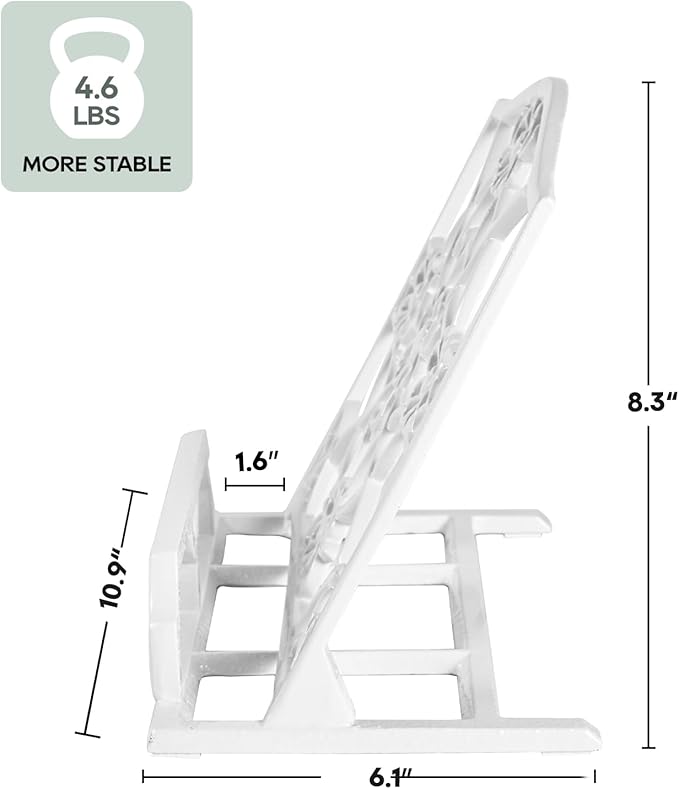 JOGREFUL Cookbook Stand, Cast Iron Heavy-Duty Recipe Book Holder, Kitchen Vintage Recipe Book Holder, Reading Rest Holder for Easel/Counter/Books/Magazine/iPad/Bible, Flower Pattern, White