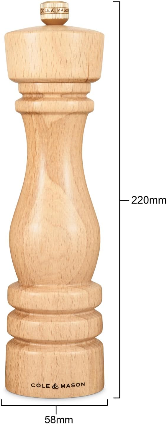 Cole & Mason London Refillable Spice Mill - Kitchen & Home Accessory - Table Black Pepper Grinder - Pepper Mill with Carbon Steel Mechanism - 8", Natural Beech