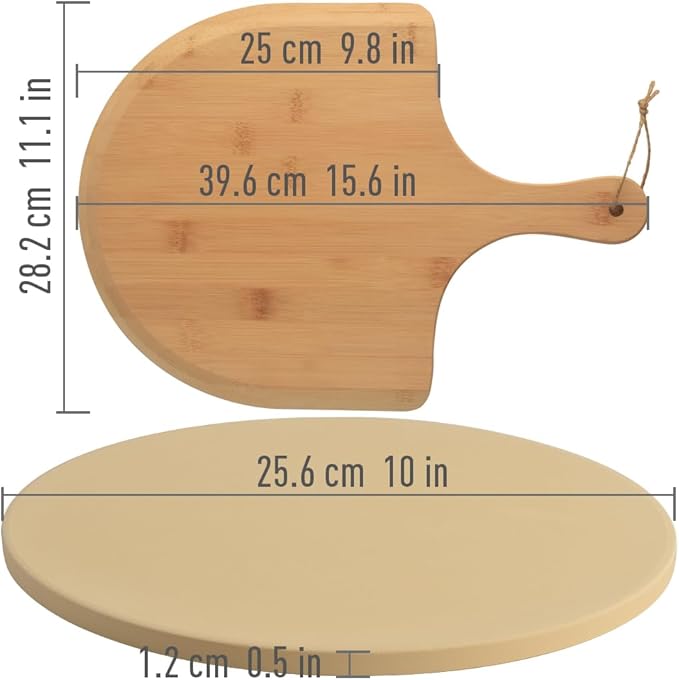 homEdge Pizza Stone Set, Heavy Duty Round Cordierite Baking Stone for Bread, Pizza, Thermal Shock Resistant Cooking Stone with Bamboo Pizza Peel Paddle for Oven and Grill-10 Inches (Diameter)