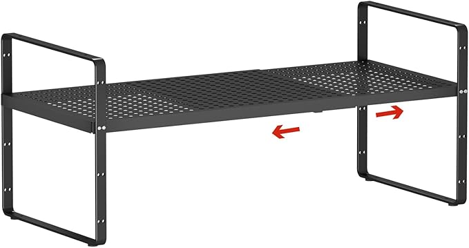 Expandable Cabinet Countertop Shelves 16.5-27’’L, Adjustable Metal Spice Rack Organizer, Stackable Kitchen Counter Storage Shelves Organizers for Cabinet Organization, Black